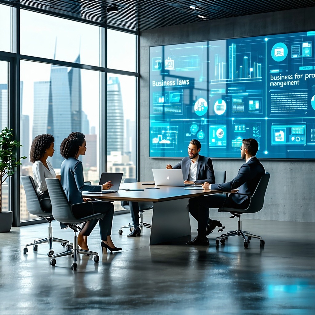 A modern office space filled with natural light, showcasing a sleek conference table surrounded by ergonomic chairs-1